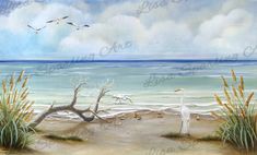 an oil painting of seagulls flying over the ocean and sand dunes on a cloudy day