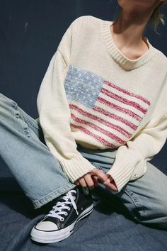 BDG American Flag Crew Neck Sweater | Urban Outfitters American Sweater, Flag Sweater, American Flag Sweater, Pinterest Contest, Downtown Outfits, 2024 Christmas, Casual Winter Outfits, Sweaters Crewneck, Casual Style Outfits