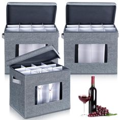 two grey storage boxes with wine glasses and bottle