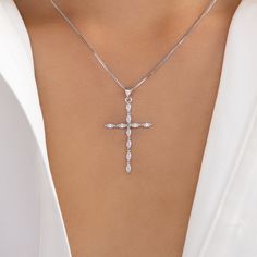 Material: silver plated stainless steel, crystals Length: 17" + 1" extension Pendant size: 1" x 1.5" IMPORTED Affordable Sterling Silver Cross Necklace Gift, Silver Cross Necklace Womens, Cross Necklace For Women Silver, Cheap Cross Necklace With Silver Chain, Minimalist Necklace Silver Cross, Affordable Silver Cross Necklace, Luxury White Cross Necklace Elegant Style, Silver Cross Necklace Domond, Silver Cross Necklace Zales