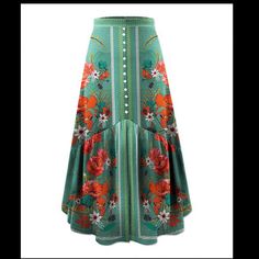 Step Out On The Town With A Gracefully Swaying Flourish In This Lively Patterned Skirt, Thanks To Its Charming Button Detailing And Breezy Ruffled Split Hemline. 40'' Long Center Front Slit 95% Polyester / 5% Spandex Machine Wash; Flat Dry Ruffle Maxi Skirt, Patterned Skirt, Womens Maxi Skirts, Long Knit, Floral Ruffle, Skirt Pattern, Green Orange, Green And Orange, Tie Dye Skirt