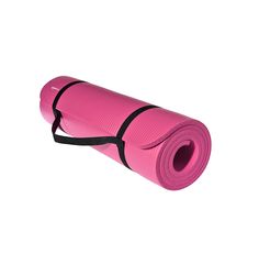 a pink yoga mat with black straps on it and a white back ground in the background