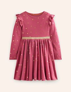 Mabel Twirly Ballerina Dress - Rose Petal Pink Foil Stars | Boden US Boden Kids, Cotton Jersey Dress, Ballerina Dress, Pink Foil, Graphic Dress, Midi Shirt Dress, Clothing Essentials, Girl Sweatshirts