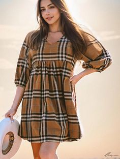 Elluis - Elegant Checkered Lantern Sleeve Midi Dress with Three-Quarter Sleeves and Classic Collar Fall Plaid V-neck Dress, Sequin Short Dress, Sequin Shorts, Sleeve Midi Dress, Midi Dress With Sleeves, Lantern Sleeve, Lantern Sleeves, Types Of Skirts, Three Quarter Sleeves