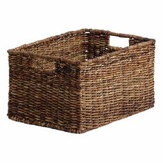 a brown wicker basket sitting on top of a white background