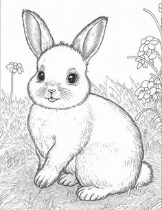 a drawing of a rabbit sitting in the grass