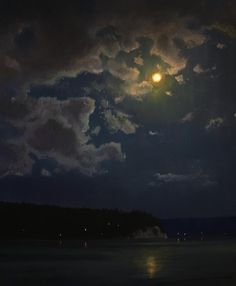 the full moon shines brightly in the night sky over water and land, while clouds loom overhead