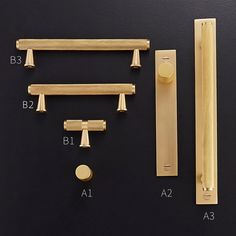 an assortment of brass handles and knobs on a black surface with measurements for each handle