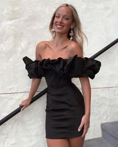 Flirty Off-shoulder Black Dress, Elegant Short Sleeve Club Dress, Black Off-shoulder Dress For Going Out, Black Ruffles Mini Dress For Going Out, Black Ruffled Dress For Going Out, Black Ruffle Dress For Going Out, Mini Dress With Ruffles For Going Out, Ruffled Mini Dress For Going Out, Black Elegant Dress Short