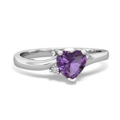 Delicate and dainty, this 14K White Gold ring is a lovely way to express the love within you. A heart shaped deep purple amethyst is the focus of this ring, with two sparkling diamonds. It creates an elegant look that is not overstated, and is beautiful on the hand. It is perfect as an everyday ring and an excellent choice for a promise ring as well. Elegant Purple Heart Ring For Anniversary, Purple Heart Ring For Valentine's Day Wedding, Purple Heart Ring For Wedding On Valentine's Day, Elegant Purple Heart Promise Ring, Classic Purple Diamond Promise Ring, Purple Heart Cut Ring For Anniversary, Amethyst Rings For Valentine's Day, Purple Dainty Birthstone Promise Ring, Elegant Amethyst Heart Promise Ring