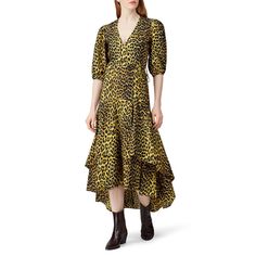 Yellow cheetah printed silk (92% Silk, 8% Elastane). Wrap. Three quarter sleeves. V-neckline. Wrap closure. Partially lined. 52" from shoulder to hemline. Imported. Leopard Print Wrap Dress, Ganni Dress, Cheetah Dress, Chic Maxi Dresses, Breezy Dress, Rent The Runway, Printed Wrap Dresses, Yellow Print, Yellow Dress