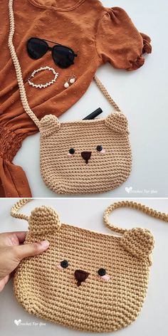 the crocheted bear purse is being made