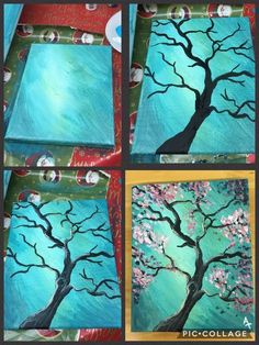 four different paintings of a tree with pink flowers on blue and green background, each painted in acrylic