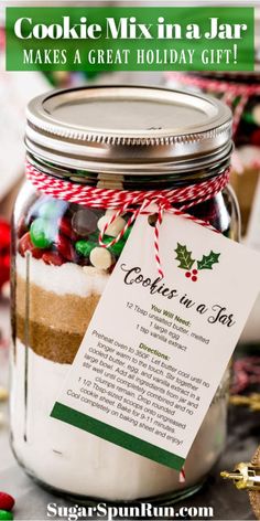 a cookie mix in a jar is shown with a christmas gift tag on the top