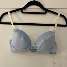 New With Tags 36b Elegant Blue Bra With Lace Trim, Elegant Blue Spring Bra, Elegant Blue Bra For Spring, Spring Bra With Lined Body, Spring Lined Bra, Elegant Light Blue Padded Bra, Elegant Blue Summer Bra, Elegant Light Blue Bra With Padded Cups, Light Blue Underwire Bra With Padded Cups