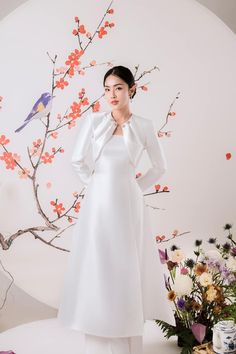 Olivia Taffeta Ao Dai Set MEAN BLVD Stone Buttons, Knife Pleats, Mean Blvd, Outer Jacket, Crystal Buttons, Spring Day, Early Spring, Pure White, S Models