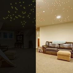 a living room filled with furniture and stars on the ceiling