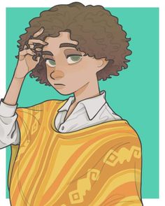 a drawing of a woman with curly hair wearing an orange and yellow ponchy