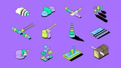 an image of various objects that are on a purple background, including toothbrushes and other items