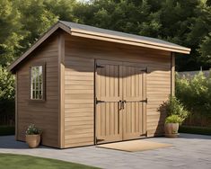 a large wooden shed sitting on top of a patio next to a green field and trees