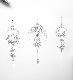 four different tattoos on paper with pen and ink