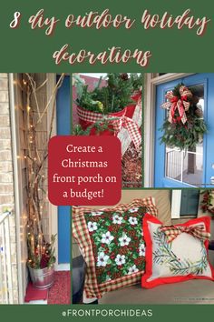 christmas pillows and wreaths on the front porch with text overlay that says, stay outside holiday decorations