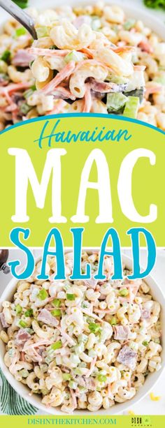 macaroni salad in a bowl with the title above it