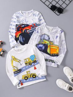 Young Boy 3pcs/Set Cute Cartoon Cars & Excavator Printed Long Sleeve T-Shirts With Round Neckline For Spring And Autumn Multicolor Casual  Long Sleeve Knitted Fabric Car,Cartoon,Letter  Non-Stretch  Young Boys Clothing, size features are:Bust: ,Length: ,Sleeve Length: Auto Cartoon, Cartoon Cars, Cartoon Letters, Car Cartoon, Boys Top, Boys Clothing, Spring And Autumn, Boys T Shirts, Long Sleeve T Shirts