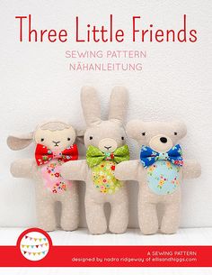 three little friends sewing pattern for stuffed toy rabbits with bow ties on their heads, standing in front of a white wall