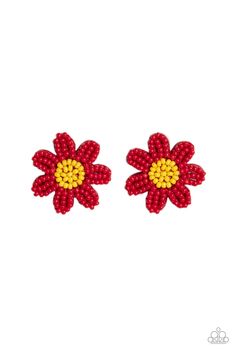 Layers of red seed bead petals fan out from a yellow seed bead center, blooming into a textured floral centerpiece. Earring attaches to a standard post fitting.

 Sold as one pair of post earrings. Seed Bead Flowers, Floral Centerpiece, Bold Accessories, Paparazzi Accessories, Red Earrings, Color Rojo, Paparazzi Jewelry, Seed Bead Earrings, Floral Centerpieces