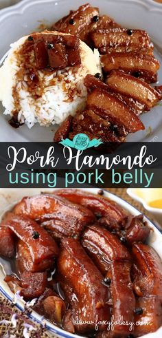 some food that is on a plate and in a bowl with the words pork diamond using pork belly