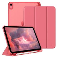 an ipad case with a pink cover on the front and back, in different colors