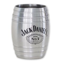 a stainless steel barrel with the name jack daniels written in black on it and an image of