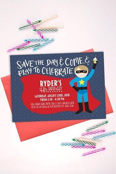 a birthday party card with a cartoon character on it and confetti sticks in the background