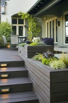 an outdoor patio with steps leading up to the front door, and plants growing in planters