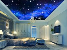 a bedroom with a ceiling that has stars painted on the ceiling, and a chandelier hanging from the ceiling