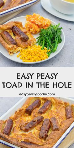 easy peasy toad in the hole with corn and broccoli on a plate