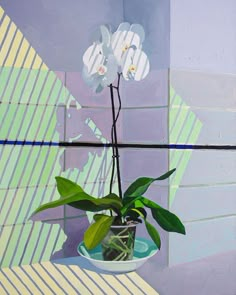 a painting of a flower in a vase on a window sill next to a tiled wall