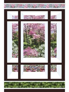 an open window with flowers and trees in the background