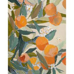 an oil painting of oranges and white flowers