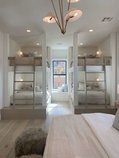 a bedroom with bunk beds and lights in it