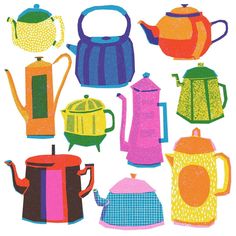 an assortment of colorful teapots and kettles are shown in this drawing style