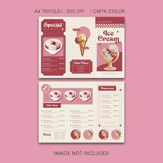 an ice cream shop brochure is displayed on a pink background with red accents