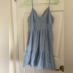 Blue Tiered Sundress With Adjustable Spaghetti Straps And Eyelet Embroidery, Never Worn, Size M Light Blue Spaghetti Strap Sundress Casual, Spring Cotton Cami Sundress, Light Blue Casual Sundress With Spaghetti Straps, Light Blue Cotton Sundress For Spring, Casual Cotton Cami Sundress, Blue Sundress With Adjustable Straps For Spring, Blue Cami Sundress For Spring, Cotton Cami Sundress, Casual Blue Cami Sundress