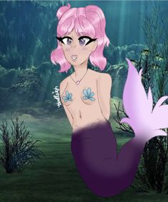 a mermaid with pink hair sitting on the ground in front of some plants and water