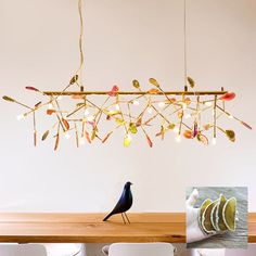 a bird sitting on top of a wooden table under a light hanging from the ceiling