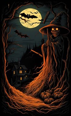 a halloween scene with pumpkins and a witch