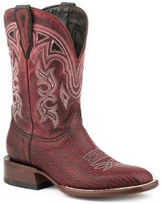 Square toe. Pull tabs with black accent. Shark skin vamp. 11" black cherry calf leather shaft with western embroidery and black inlay design Shark Boots, Shark Skin, Western Embroidery, Womens Cowgirl Boots, Inlay Design, Boots Square Toe, Heel Caps, Wood Bridge, Black Cherry