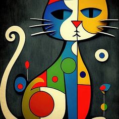 a painting of a cat on a black background with red, yellow, blue and green circles