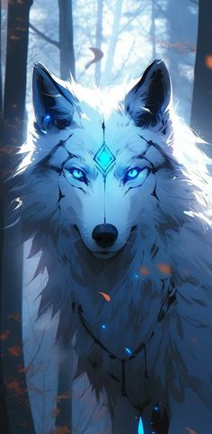 a white wolf with blue eyes standing in the middle of a forest filled with trees